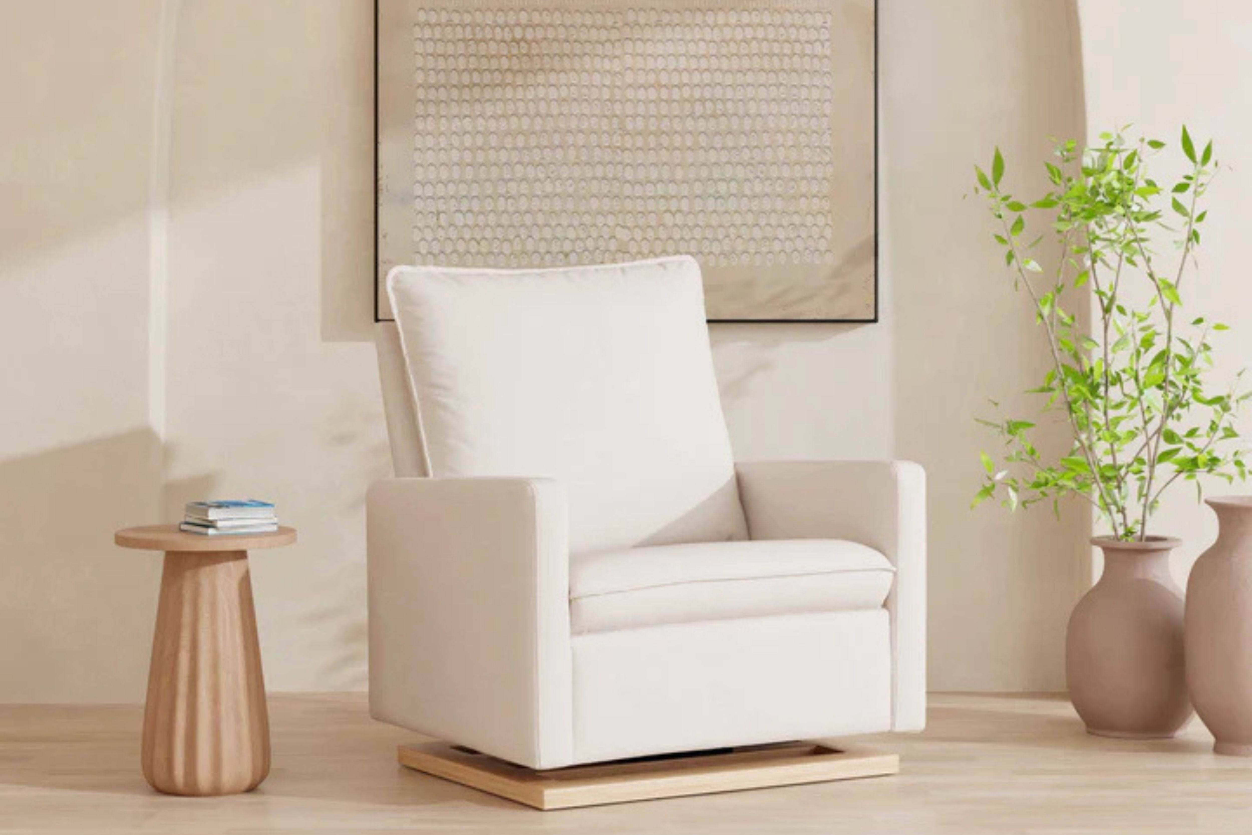 babyletto cali nursing chair displayed in a corner of the nursery#color_performance-cream-eco-weave-with-light-wood-base