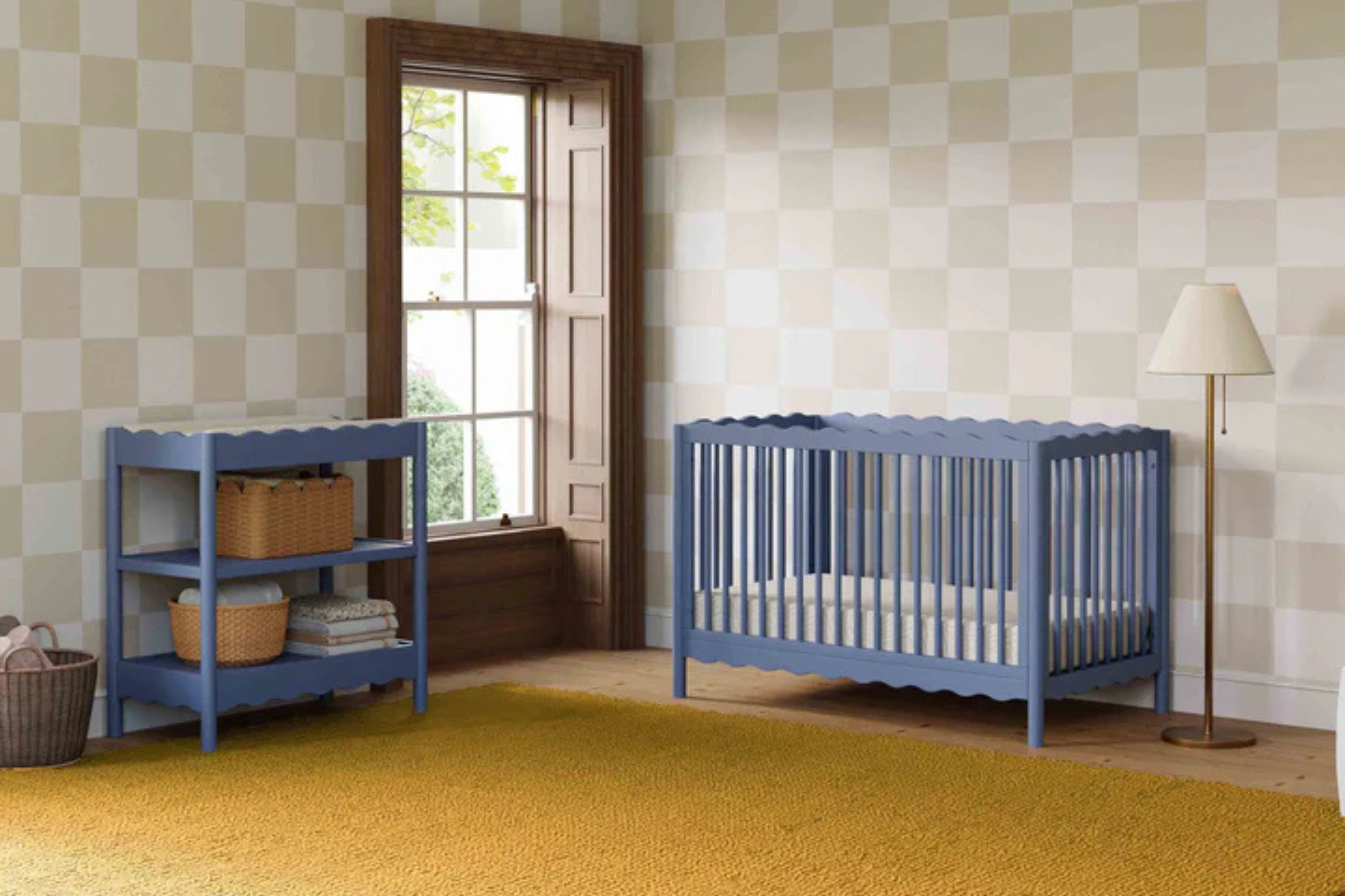 Babyletto swell changing table cove blue paired with the matching swell convertible crib in the nursery#color_cove-blue