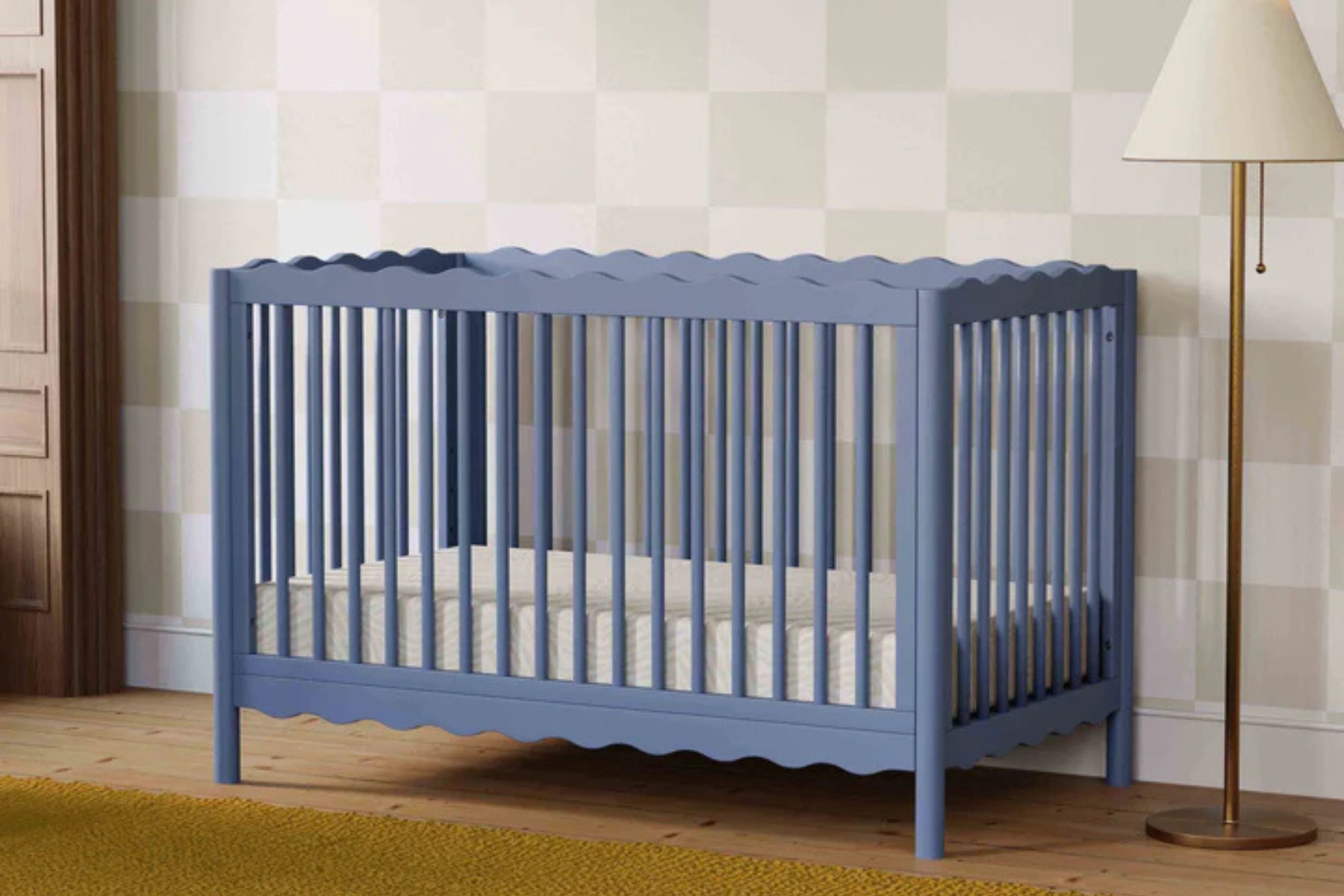 babyletto swell convertible crib cove blue front view in nursery#color_cove-blue