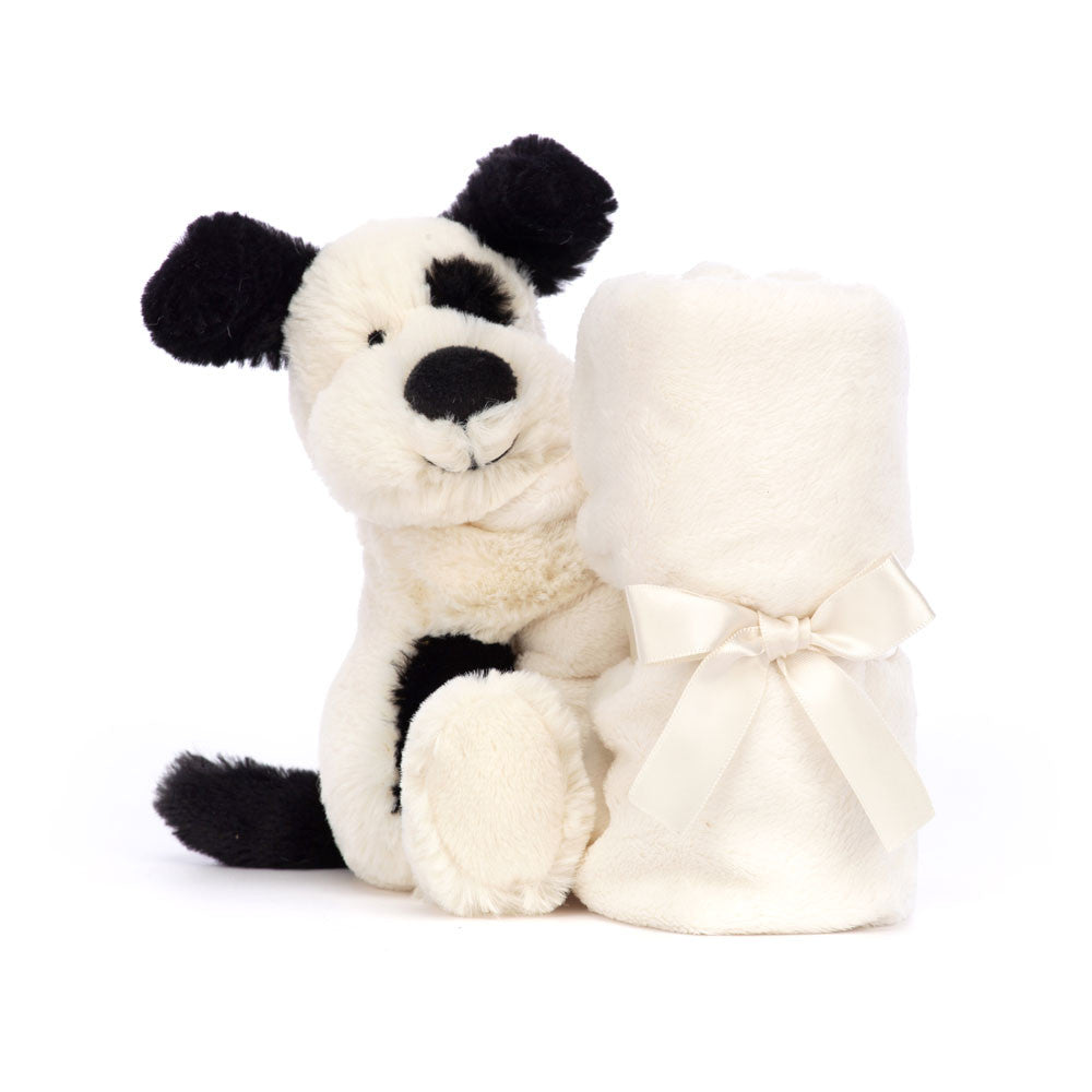 Jellycat Bashful Black & Cream Puppy Soother front view and tied up