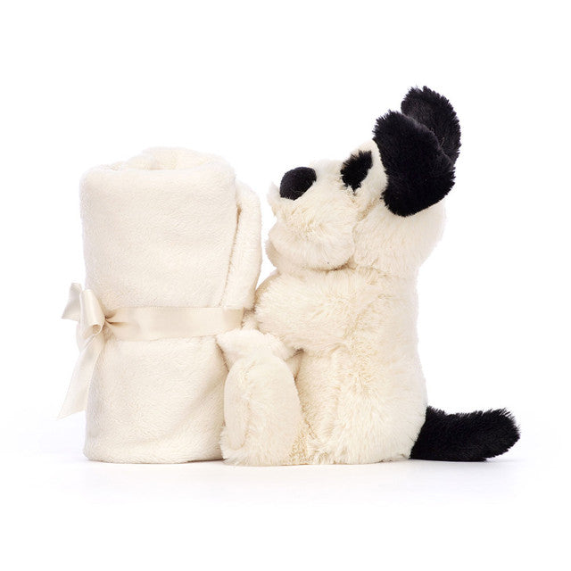 Jellycat Bashful Black & Cream Puppy Soother side view and tied up