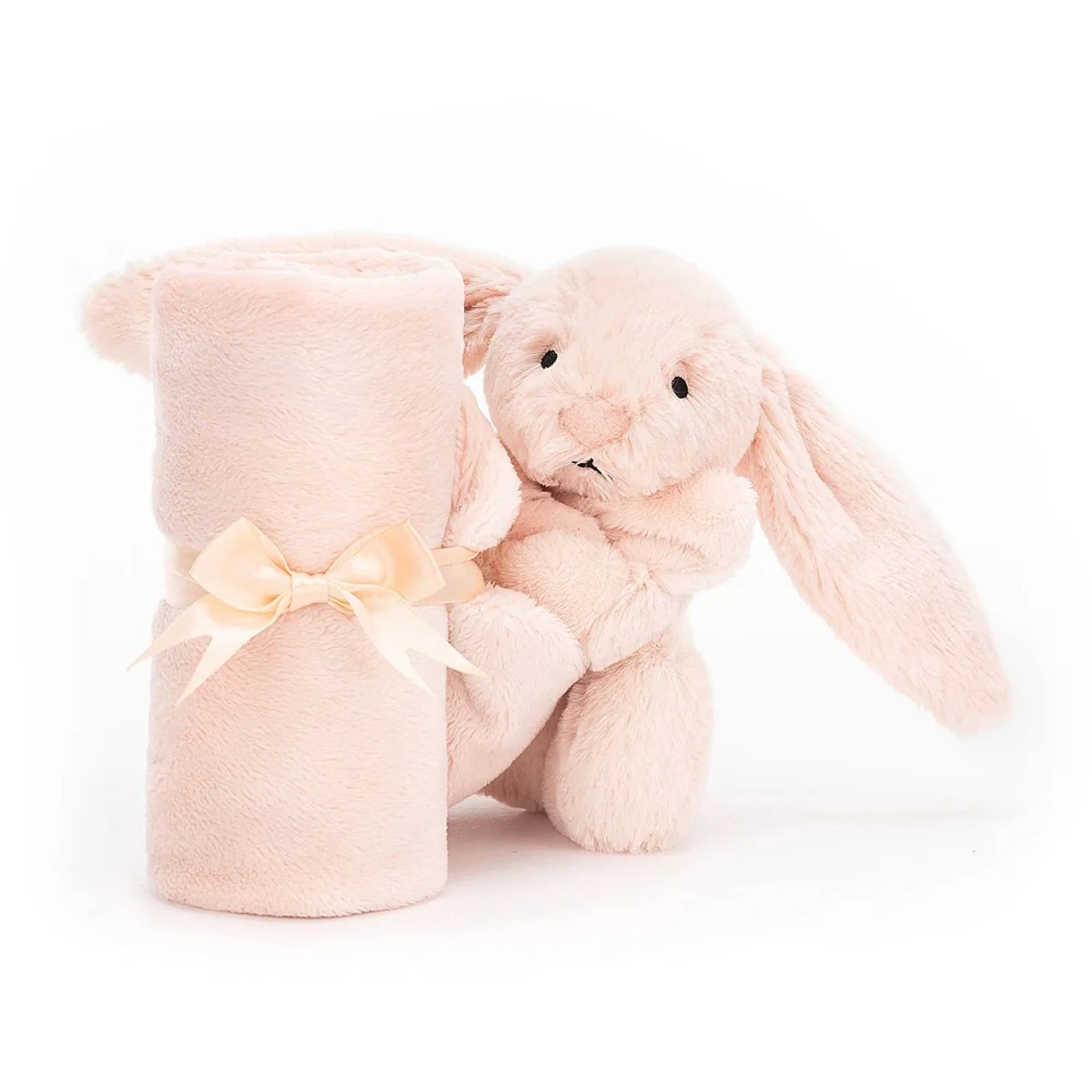 Jellycat Bashful Blush Bunny Soother front view and tied up