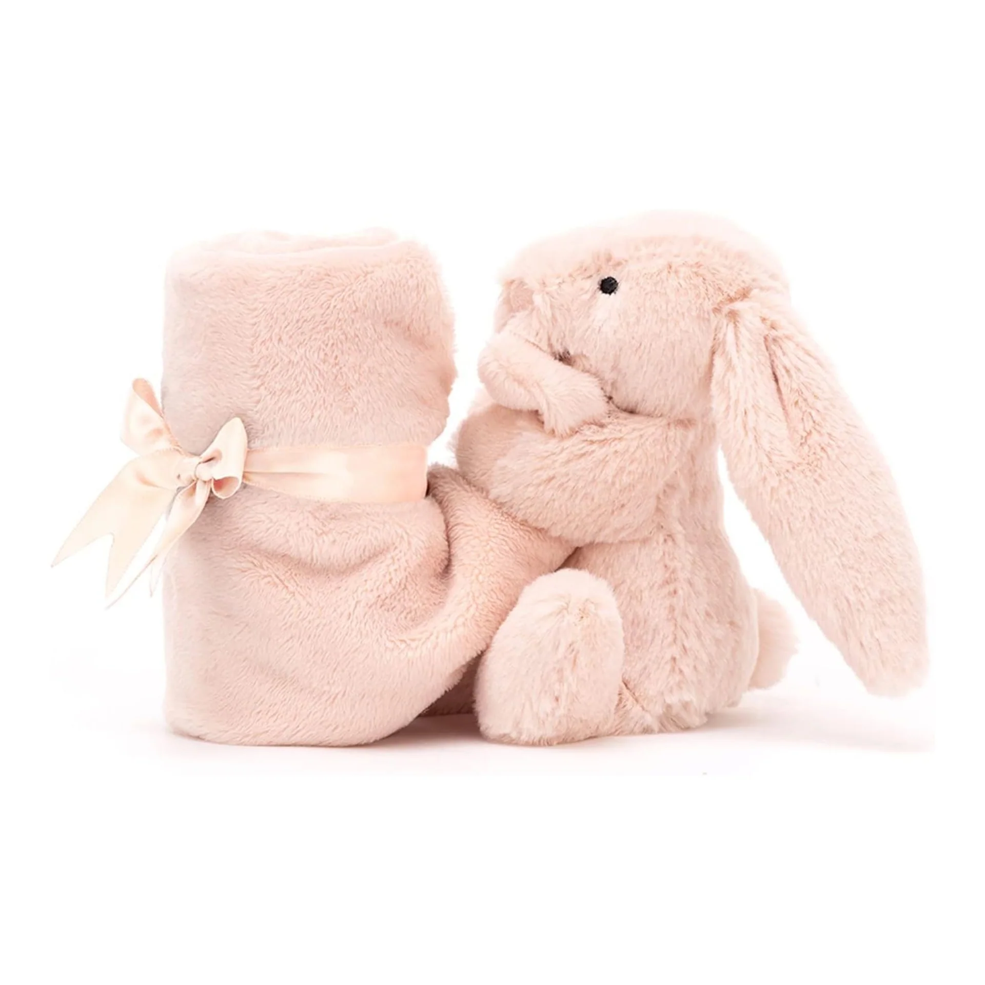 Jellycat Bashful Blush Bunny Soother side view and tied up