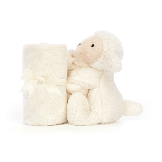 Jellycat Bashful Lamb Soother side view and tied up