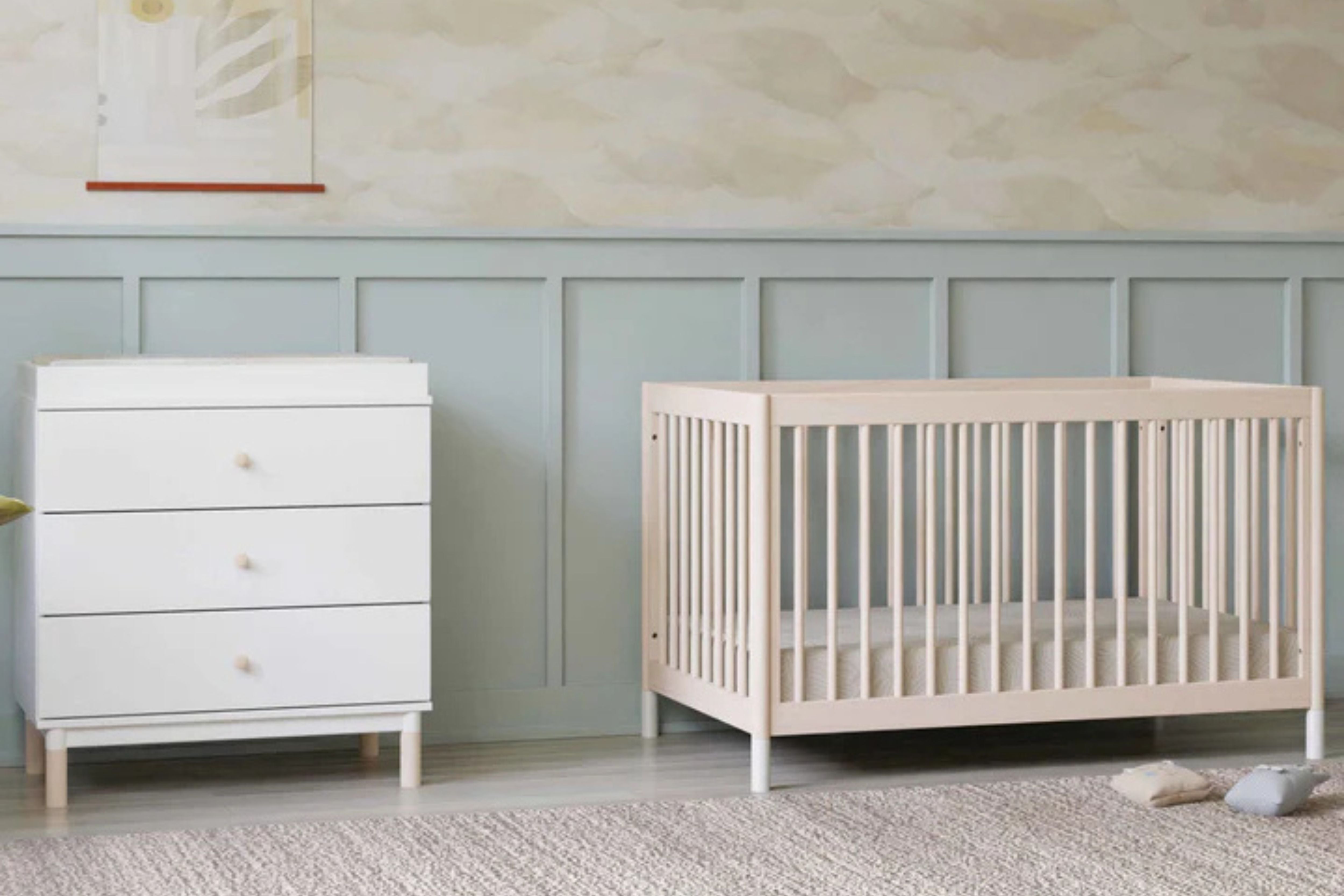 Babyletto gelato crib washed placed beside the matching gelato dresser#color_washed