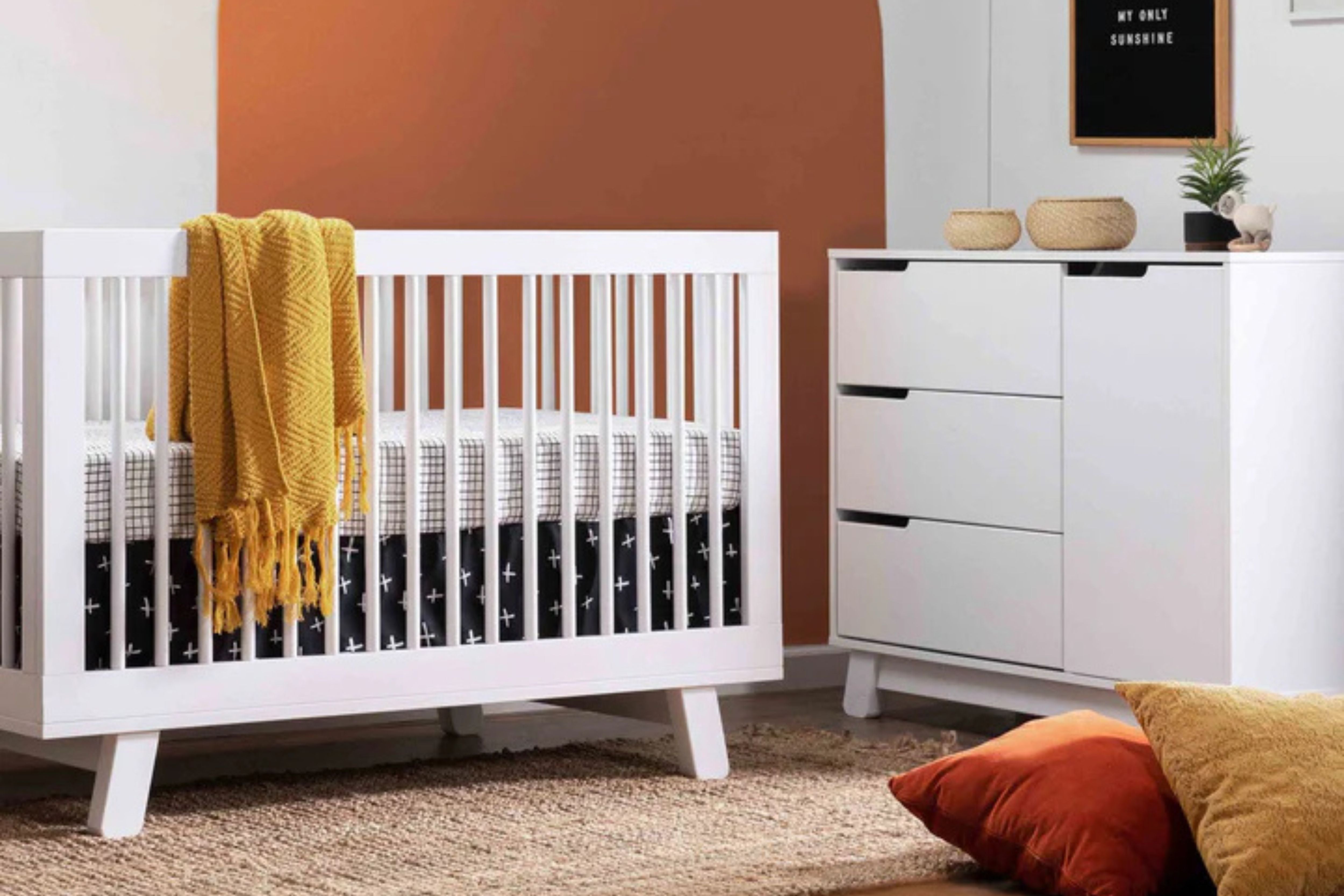 Babyletto Hudson 3 Drawer Dresser White next to matching Hudson White Crib#color_white