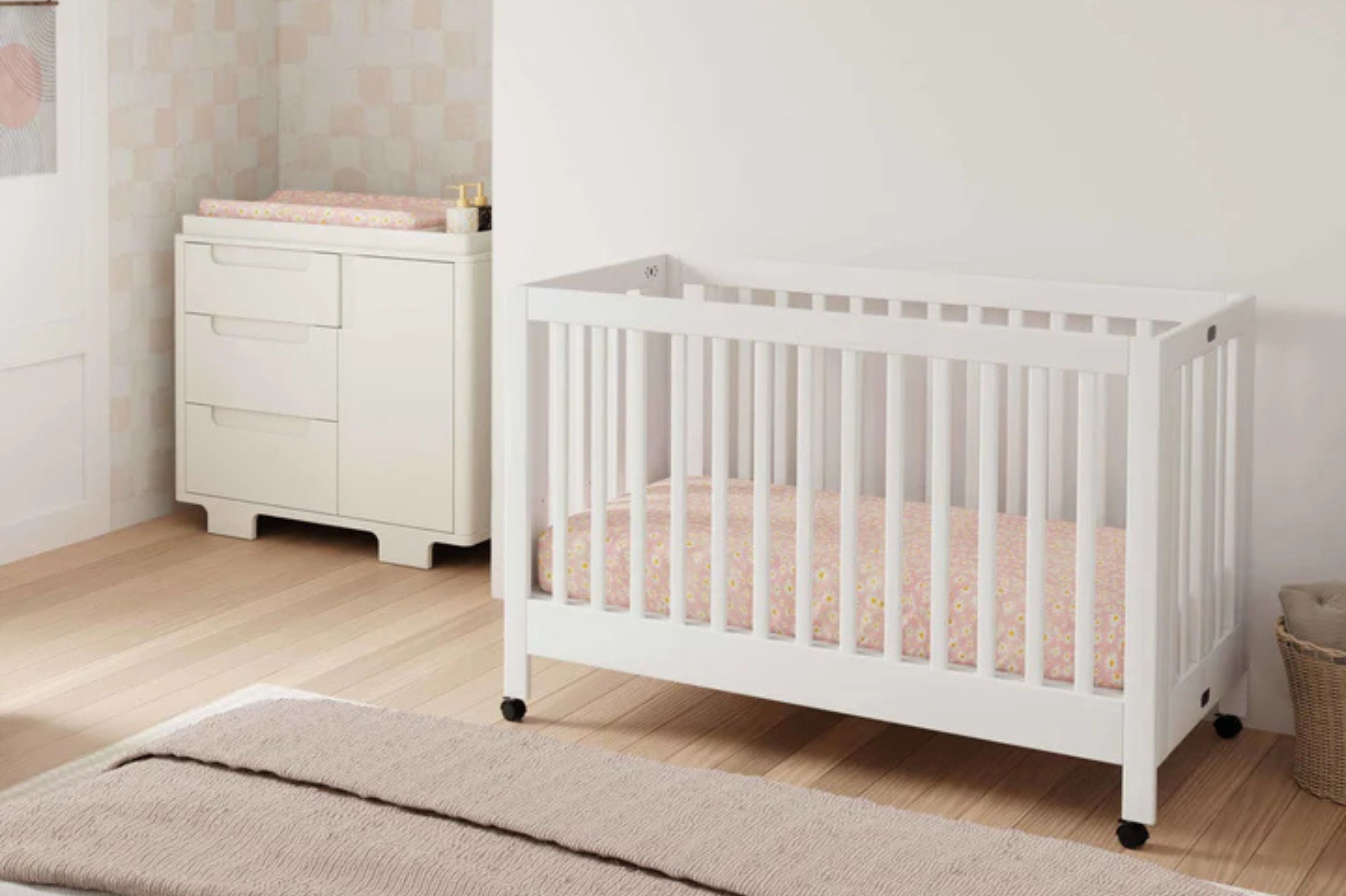 Babyletto Maki 3-in-1 Convertible Crib White placed with the yuzu 3 drawer white dresser#color_white