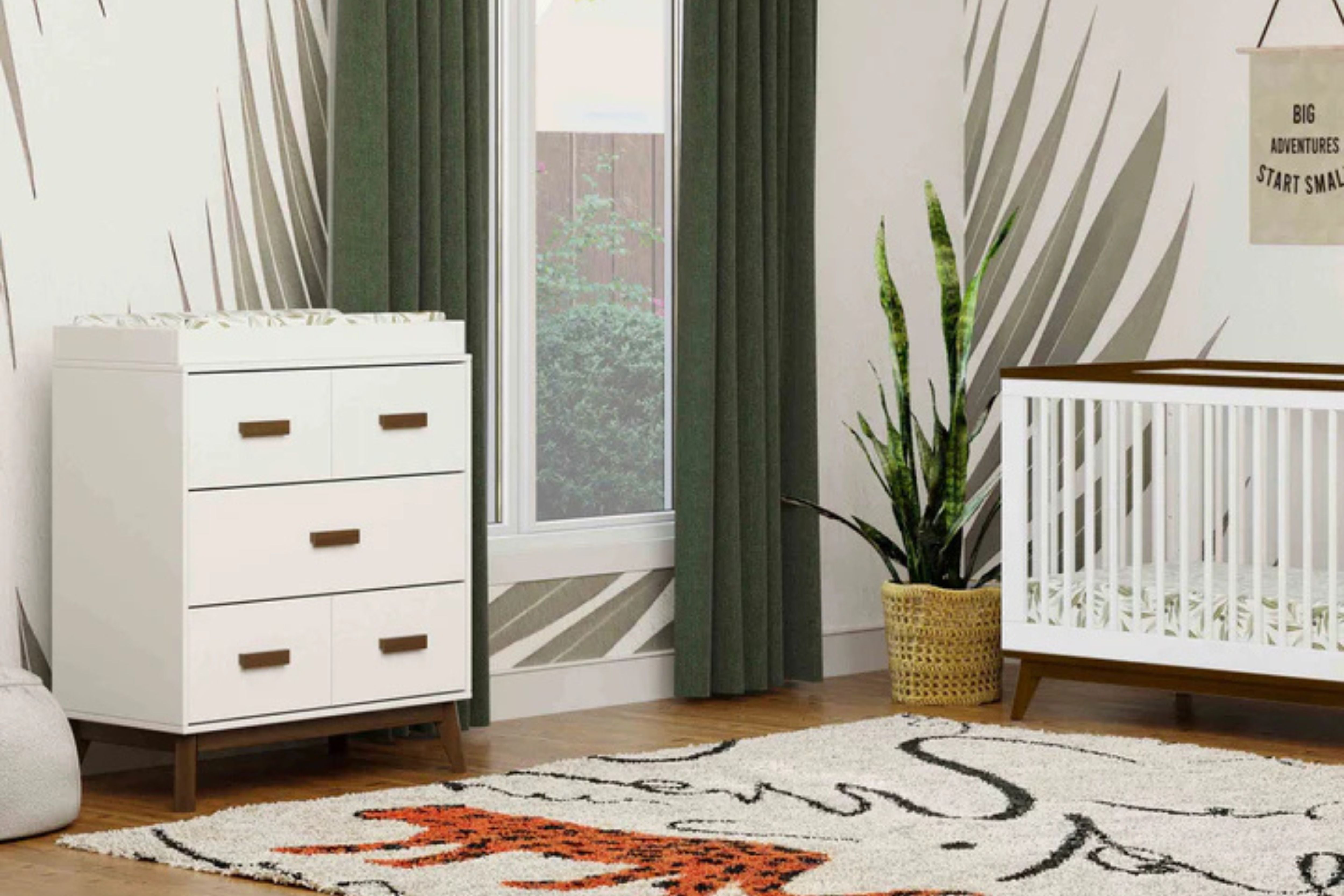 Babyletto Scoot 3-Drawer Dresser White & Walnut displayed next to the matching Scoot convertible crib#color_white-and-walnut