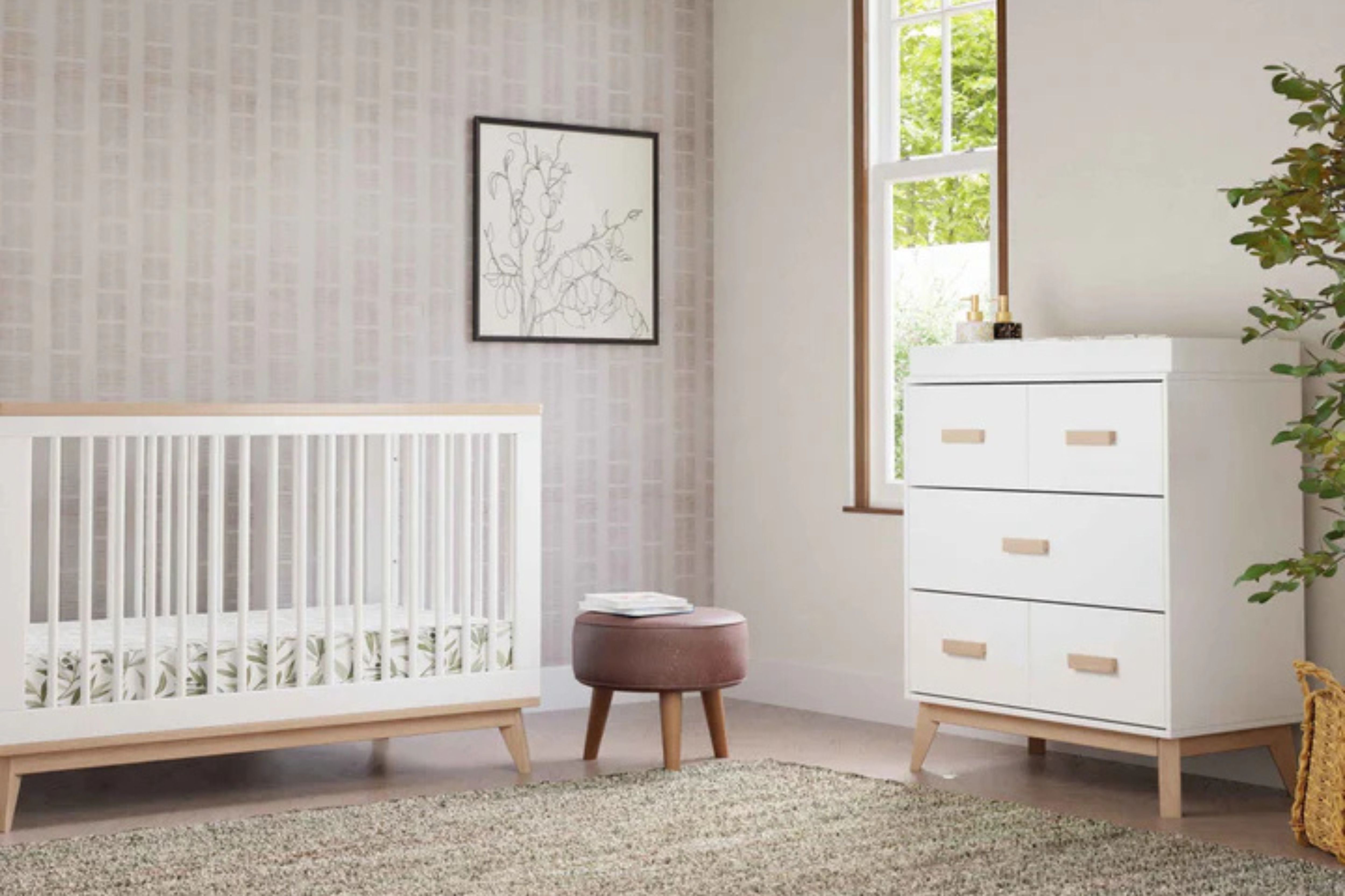 Babyletto Scoot 3-Drawer Dresser White & Washed displayed with matching Scoot convertible crib#color_white-and-washed