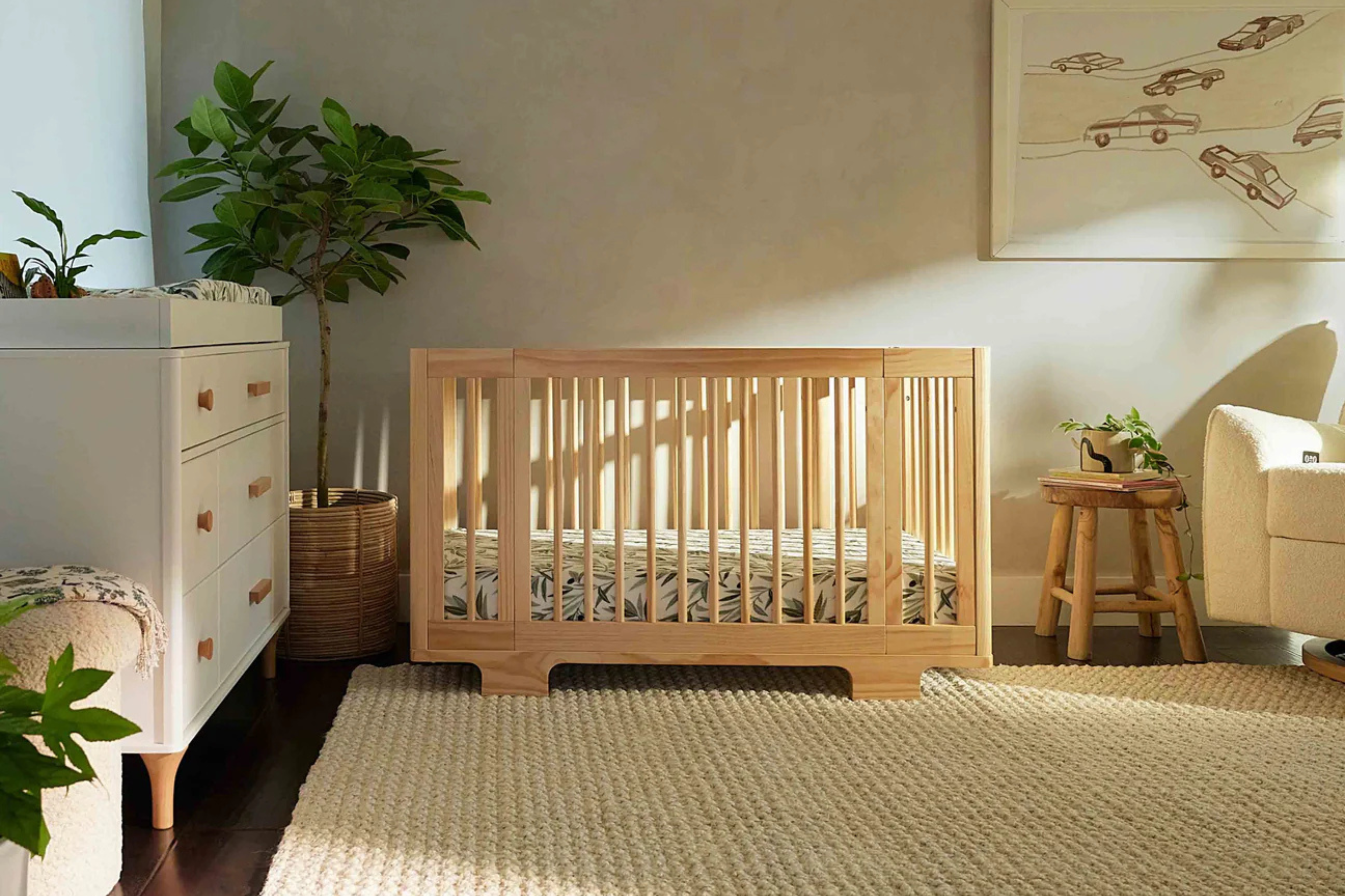 Babyletto Yuzu 8-in-1 Convertible Crib Natural full size crib configuration in a nursery#color_natural