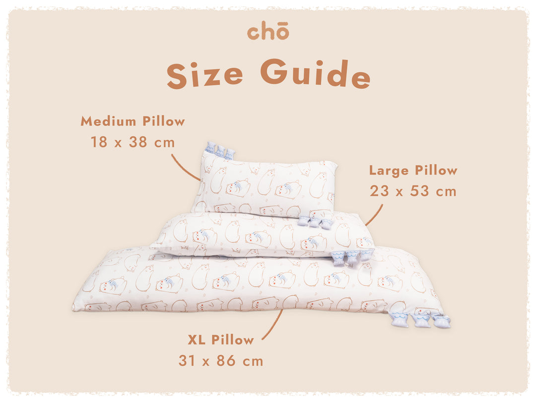 size comparison of three sizes of cho pillows maru bear